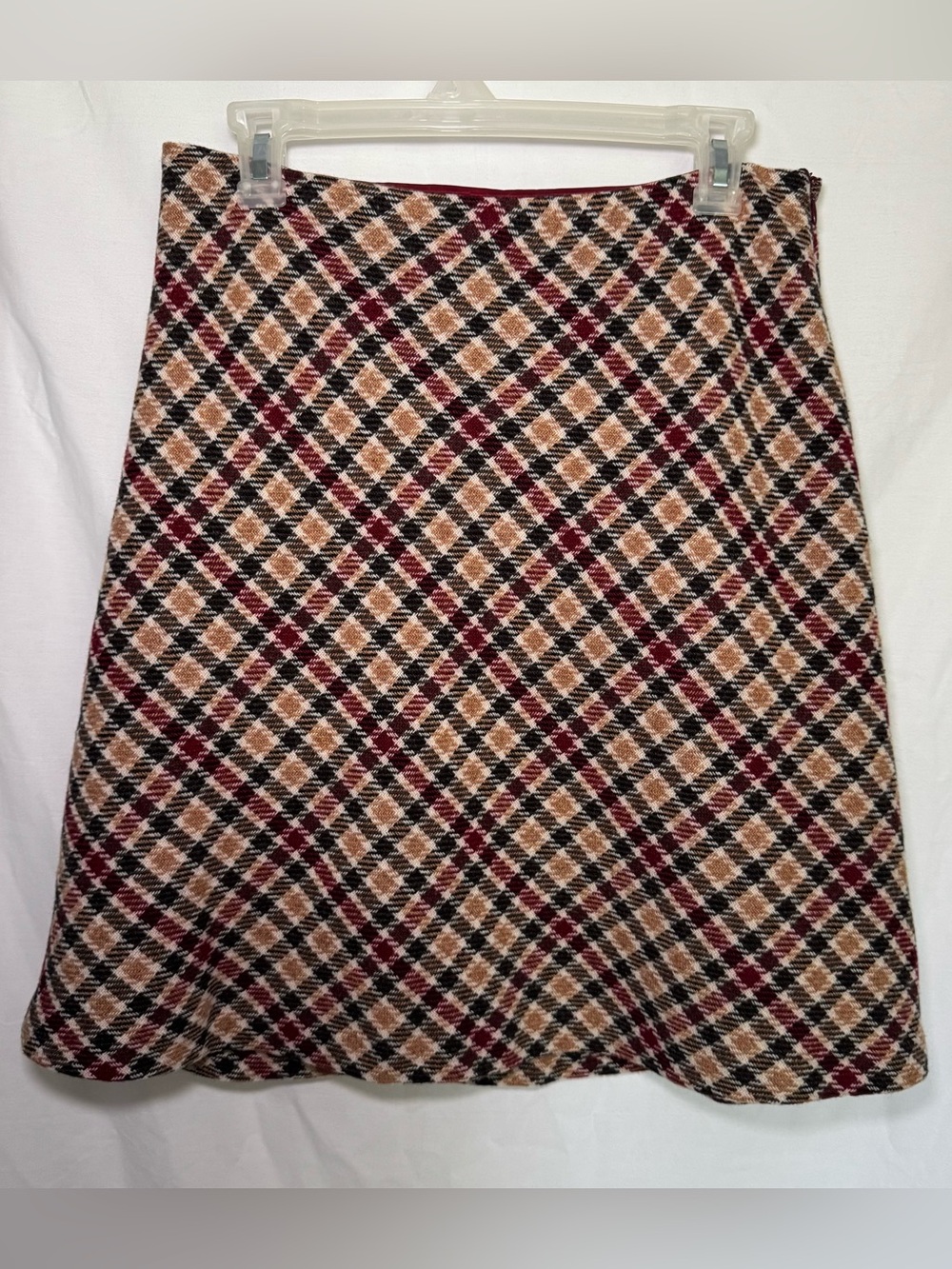 AK Anne Klein Vintage Plaid Tweed A-Line Skirt Lined Size 10 Burgundy Tan Winter